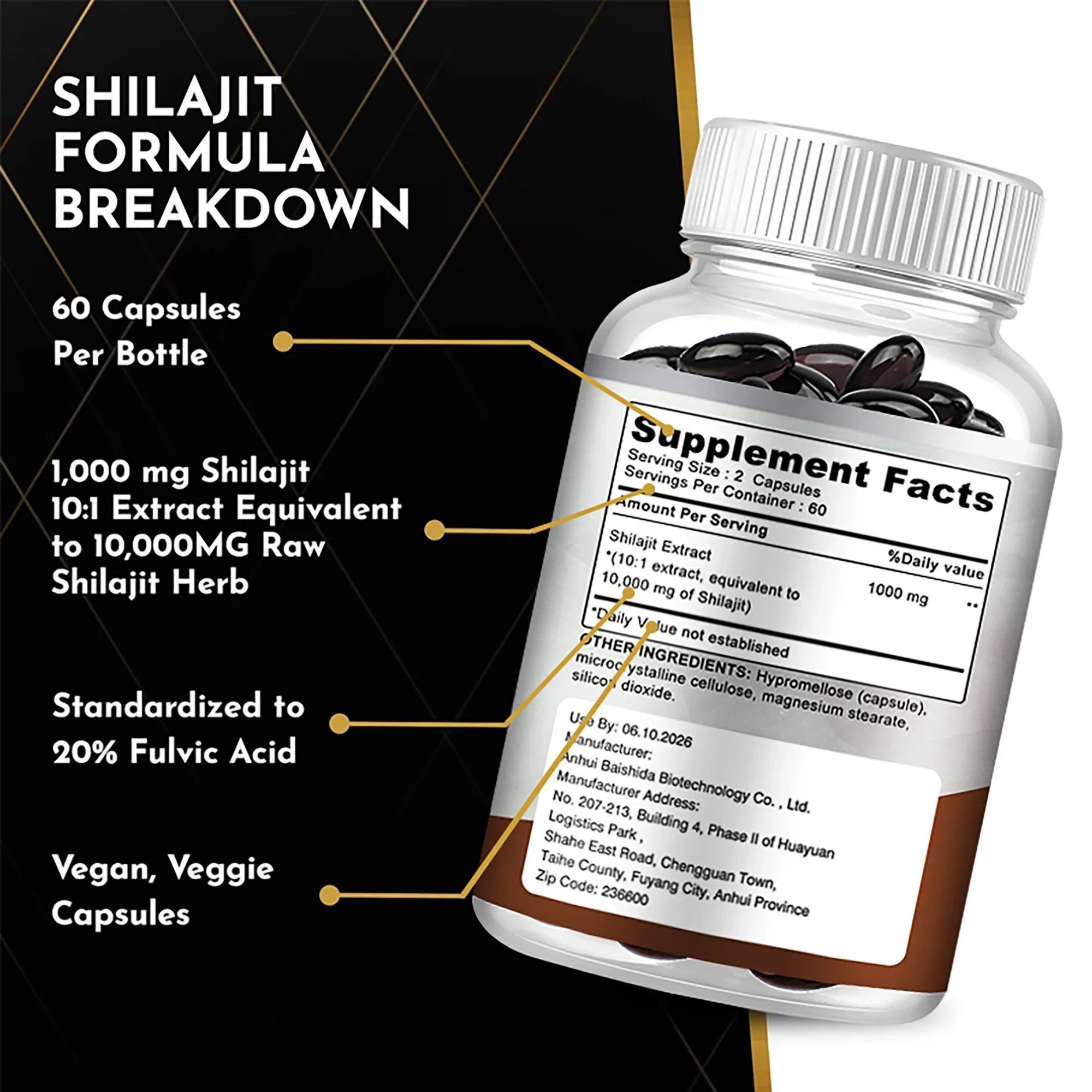 Shilajit Supplements - Enhance Nutrient Absorption and Promote Detoxification, Relieve Stress - 120 Capsules - Image 3