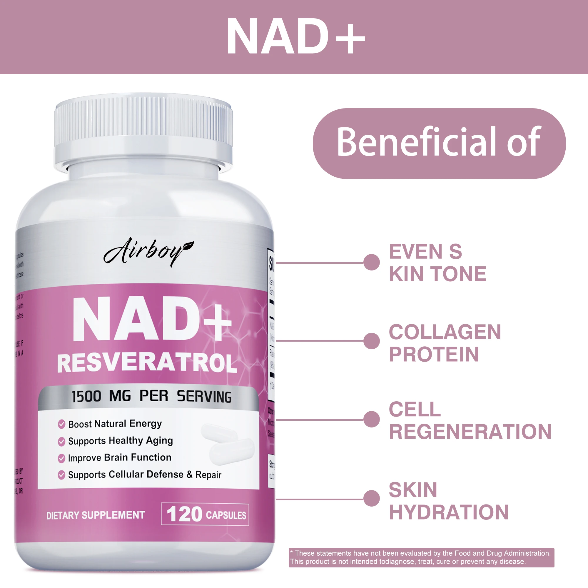NAD+ Resveratrol Supplements - Natural Energy, Anti-aging and Cellular Health, Strengthens The Immune System - 120 Capsules - Image 3