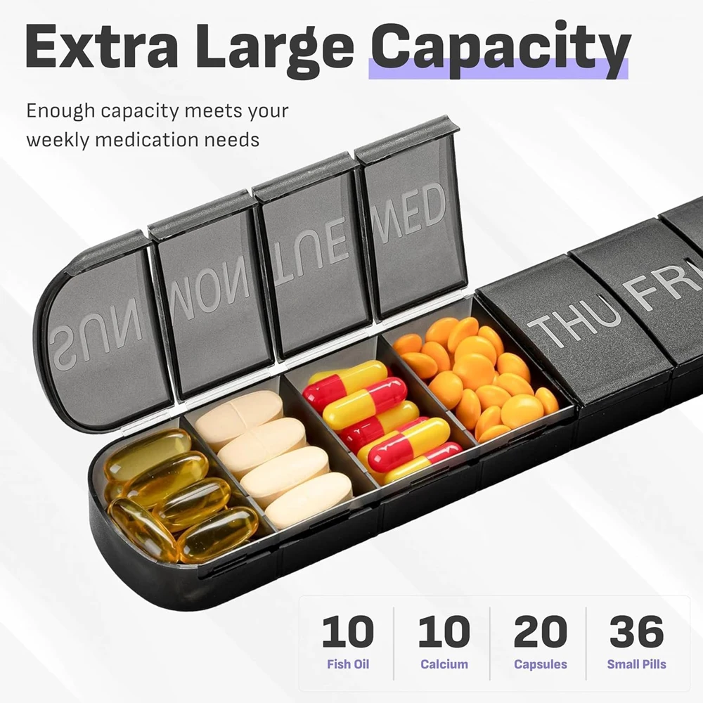 Weekly Pill Organizer, Travel 7 Day Pills Box Case Large Compartment To Hold Vitamins, Cod Liver Oil, Supplements and Medication
