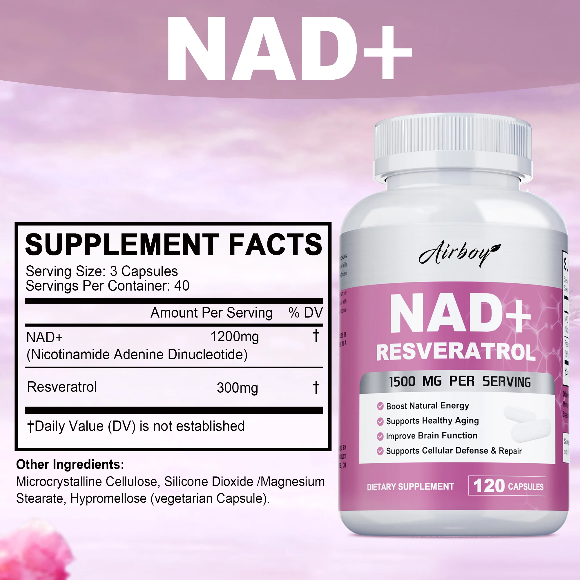 NAD+ Resveratrol Supplements - Natural Energy, Anti-aging and Cellular Health, Strengthens The Immune System - 120 Capsules - Image 2