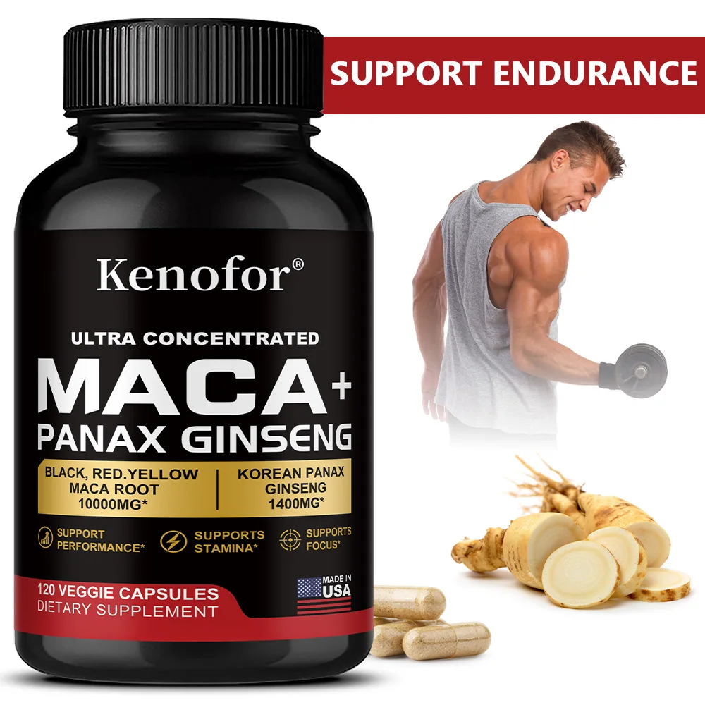 Maca Root Capsules 10,000mg + Korean Panax Ginseng 1,400mg - 20x Concentrated Extract Black + Red + Yellow Maca Root