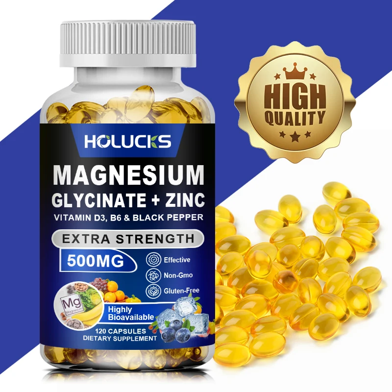 Magnesium Glycinate & Zinc Supplement, 500 mg, with Vitamin D3 & B6, Reduce Stress, Support for Sleep, Muscle & Heart Health