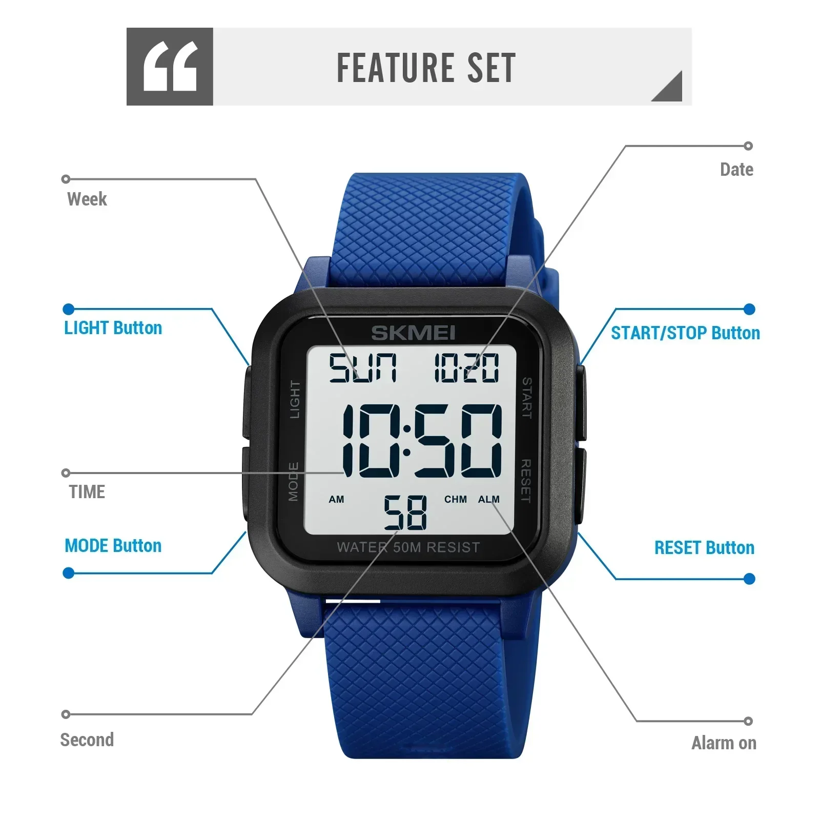 SKMEI1894 Men Alarm Chrono Clock 5Bar Waterproof Military Watches LED Display Shock Digital Watch reloj hombre Outdoor Sport Wat - Image 5