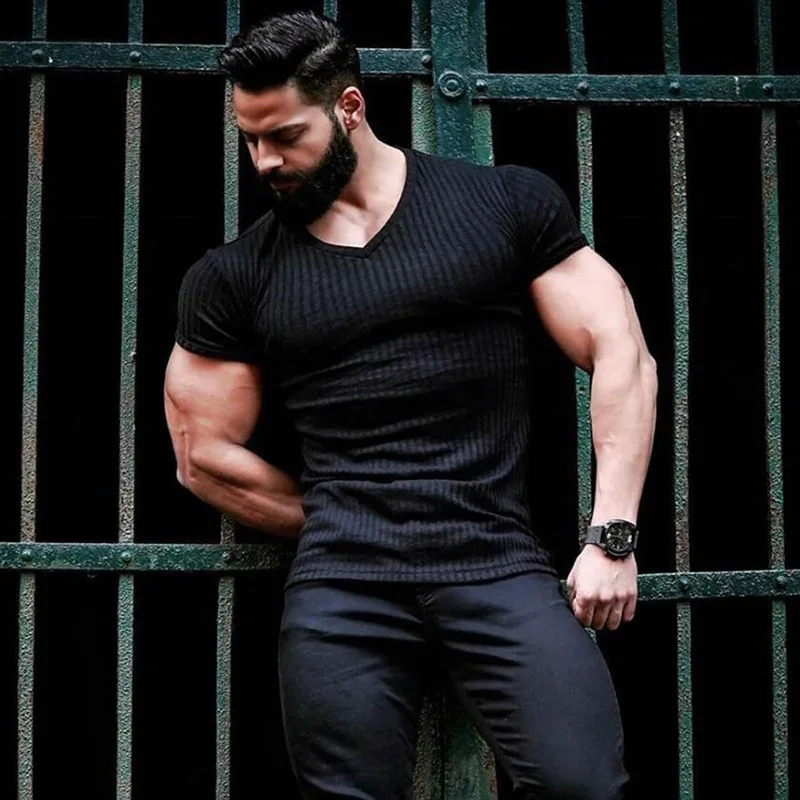Men V Neck Short Sleeve T Shirt Slim Fit Sports Strips T-shirt Male Solid Fashion Tees Tops Summer Knitted Gym Fitness Clothing