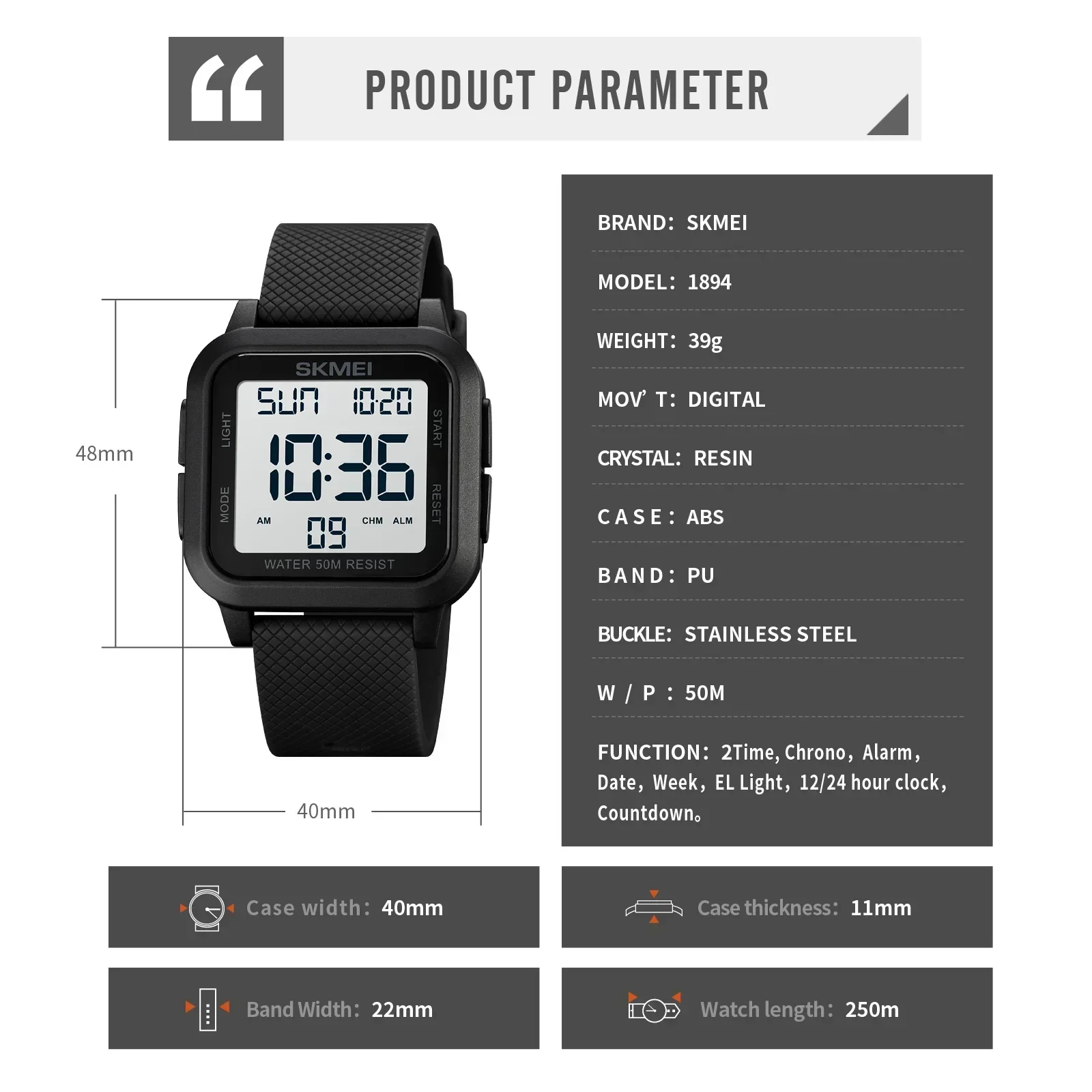 SKMEI1894 Men Alarm Chrono Clock 5Bar Waterproof Military Watches LED Display Shock Digital Watch reloj hombre Outdoor Sport Wat - Image 6